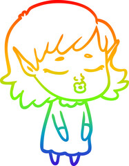 rainbow gradient line drawing of a pretty cartoon elf girl