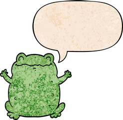 cartoon toad with speech bubble in retro texture style
