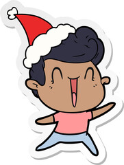 hand drawn sticker cartoon of a excited man wearing santa hat