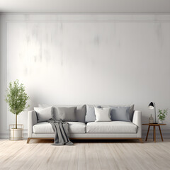 Livingroom interior wall mock up with gray fabric sofa and pillows on white background with free space on right.