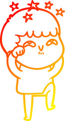 warm gradient line drawing of a cartoon amazed boy