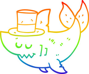 rainbow gradient line drawing of a cartoon shark wearing top hat
