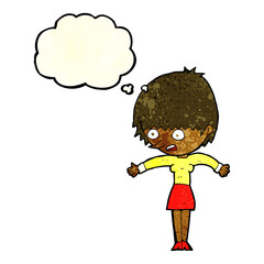cartoon woman panicking with thought bubble