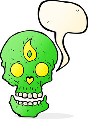 cartoon mystic skull with speech bubble