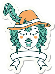 sticker of a singing half orc bard character with banner