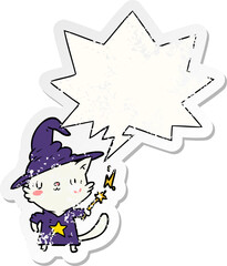 magical amazing cartoon cat wizard with speech bubble distressed distressed old sticker