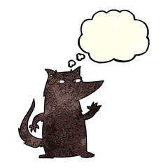 cartoon wolf waving with thought bubble