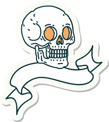 tattoo style sticker with banner of a skull