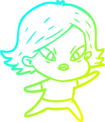 cold gradient line drawing of a cartoon stressed woman