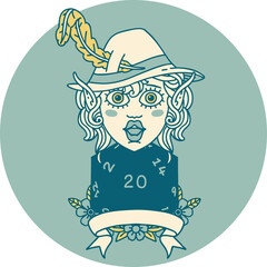 Retro Tattoo Style elf bard with natural twenty dice roll