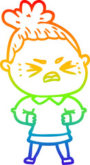 rainbow gradient line drawing of a cartoon angry woman