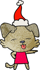hand drawn textured cartoon of a dog sticking out tongue wearing santa hat