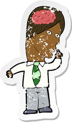 retro distressed sticker of a cartoon businessman with huge brain