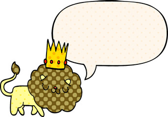 cartoon lion with crown with speech bubble in comic book style