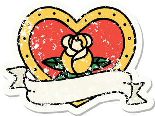 distressed sticker tattoo in traditional style of a heart rose and banner