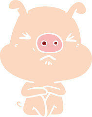 flat color style cartoon angry pig sat waiting