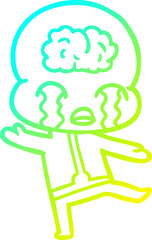 cold gradient line drawing of a cartoon big brain alien crying