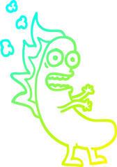 cold gradient line drawing of a cartoon flaming hotdog