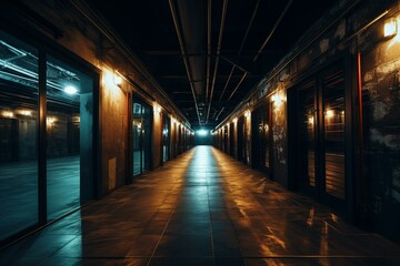 Fototapeta na wymiar Bright warehouse passage with activated lights. Generative AI