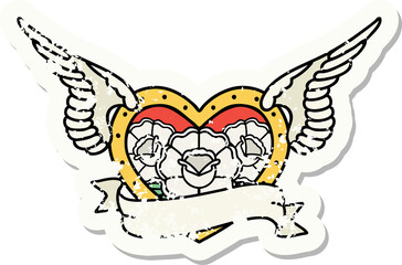 distressed sticker tattoo in traditional style of a flying heart with flowers and banner