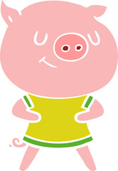 happy flat color style cartoon pig
