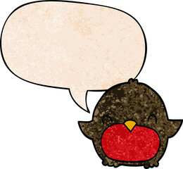 cartoon penguin with speech bubble in retro texture style