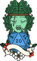 Retro Tattoo Style half orc barbarian character with natural twenty dice roll