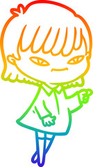 rainbow gradient line drawing of a cartoon pointing woman