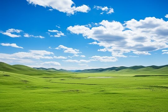 Lush grassland in Inner Mongolia with rolling hills, blue sky, and clouds - a perfect natural backdrop. Generative AI