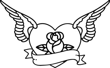 tattoo in black line style of a flying heart with flowers and banner