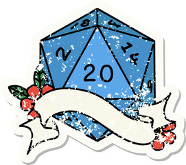 grunge sticker of a natural twenty D20 dice roll
