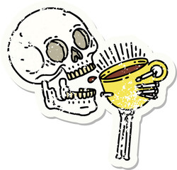 distressed sticker tattoo in traditional style of a skull drinking coffee