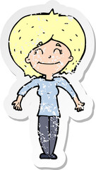 retro distressed sticker of a cartoon woman shrugging shoulders