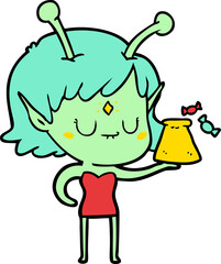 cartoon alien girl with bag of candy