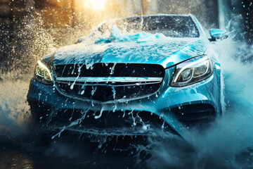 Car washing concept. Background with selective focus and copy space - obrazy, fototapety, plakaty