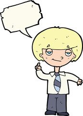 cartoon school boy answering question with speech bubble