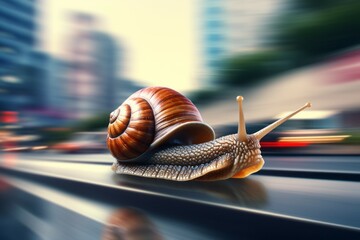 A snail running at high speed with motion blur. Background with selective focus and copy space - obrazy, fototapety, plakaty
