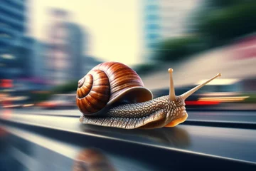 Fotobehang A snail running at high speed with motion blur. Background with selective focus and copy space © top images