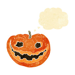 cartoon spooky pumpkin with thought bubble