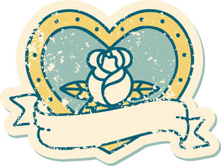 iconic distressed sticker tattoo style image of a heart rose and banner