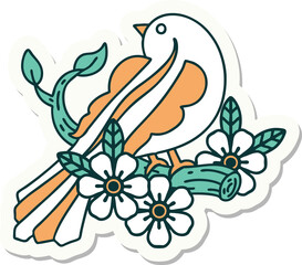 sticker of tattoo in traditional style of a bird on a branch