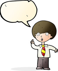 cartoon school boy answering question with speech bubble