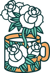 iconic tattoo style image of a cup and flowers