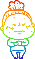 rainbow gradient line drawing of a cartoon annoyed old lady
