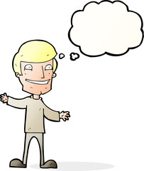 cartoon grinning man with thought bubble