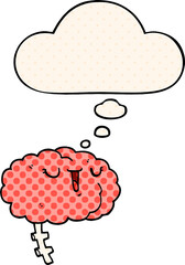 happy cartoon brain with thought bubble in comic book style