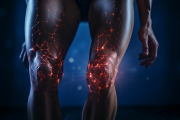 Legs with visualization of nerve endings. Joint problems concept. Background with selective focus