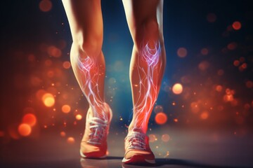 Abstract visualization of nerve endings in leg muscles while jogging. Background with selective focus
