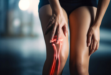 Knee pain in an athlete. Abstract visualization of joint problems caused by excessive sports activities. Background - obrazy, fototapety, plakaty