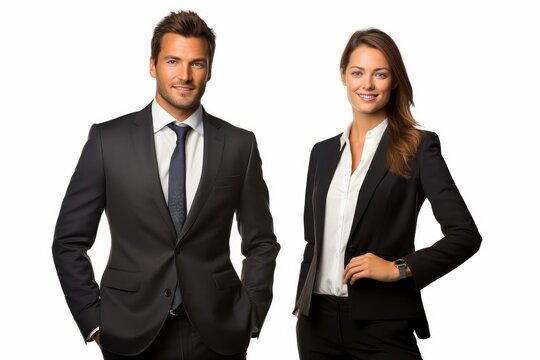 Successful young business partners in formal clothes posing and looking at camera